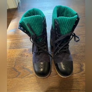 Chanel Creeper Sole Navy Suede Green velour trim boots